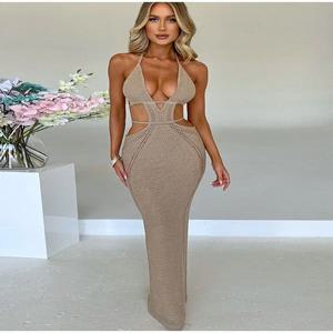 여성용 홀터넥 스트랩리스 드레스 V 넥 레이스업 백 밀크 실크 여름 209 중국산 패션 아우터웨어