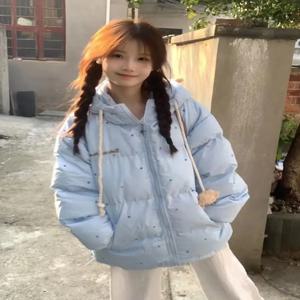 비즈니스 스타일 겨울 베어 브레드 코트 여성용 지퍼 후드 재킷 따뜻한 블루 폴카 도트 디자인 학생 포켓 손수건
