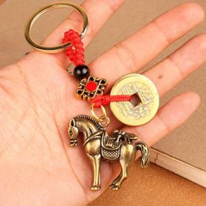 2026년 봄 축제 행운의 말 열쇠고리, 동전과 매듭이 달린 황동 참, 빨간 끈 자동차 키 액세서리, 행운의 선물