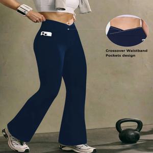 여성용 슈퍼 소프트 크로스오버 하이웨이스트 플레어 레깅스 포켓 포함, 복부 보정 요가 팬츠