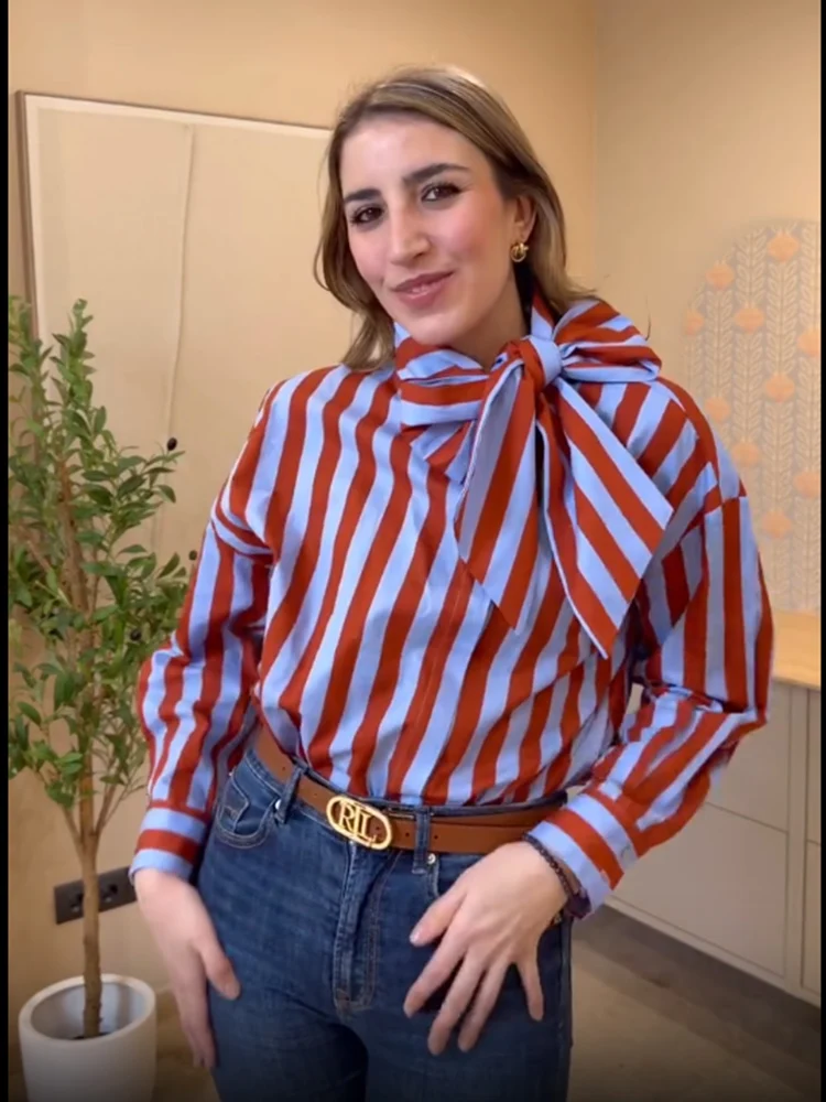 TFMLN 여성 봄 신상 스트라이프 셔츠 우아한 리본넥 싱글 브레스티드 루즈 블라우스 캐주얼 빈티지 프린트 긴팔 셔츠