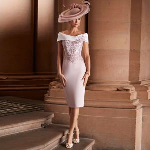 핑크 신부 어머니 드레스, 아이보리 오프숄더, 섹시한 시스, 하객 웨딩 원피스, 레이스 무릎 길이 로브