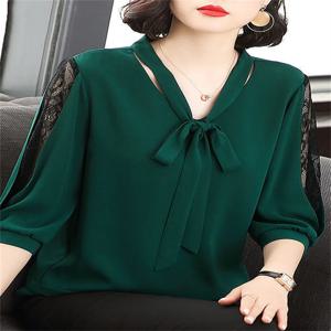 여성 봄 여름 스타일 블라우스 탑 레이디 캐주얼 보우 타이 Colloar 하프 레이스 슬리브 루즈 블라우스 탑 DF4275