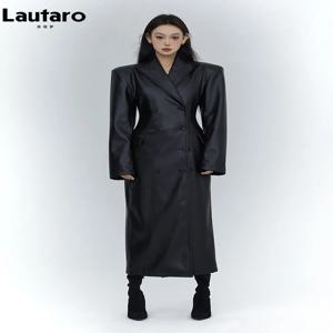 Lautaro-봄 가을 롱 블랙 피트 소프트 Pu 가죽 트렌치 코트 여성용, 숄더 패드 럭셔리 디자이너 의류 2023