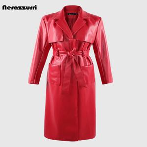 Nerazzurri 여성용 용수철 긴 레드 소프트 PU 가죽 트렌치 코트, 주머니 띠가 있는 럭셔리 우아한 시크 세련된 오버코트, 가을 2023