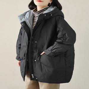 여성용 캐쥬얼 다운 재킷, 루즈핏 후드 다운 파이 체인, 두껍고 따뜻한 화이트 덕 다운 코트, 겨울