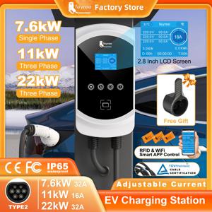 Feyree EV 충전기 32A 7.6KW Type2 케이블 차량용 충전기 EVSE Wallbox 11KW 22KW 3상 IEC62196-2 전기 자동차용 소켓 APP 제어