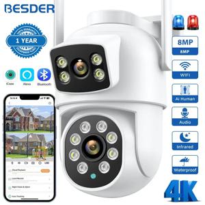 BESDER 와이파이 카메라 PTZ 야외 듀얼 스크린, 사람 감지 듀얼 렌즈, 보안 보호 IP 카메라, 오디오 iCSee 앱, 4K, 8MP