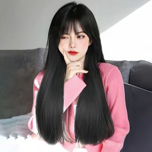 여성용 긴 스트레이트 헤어 에어 앞머리, 기질 트림 페이스, 블랙 베이지, 긴 머리, 합성 섬유, 풀 헤드 커버, 패션 가발