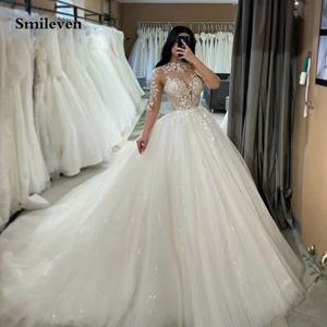 Smileven 긴 소매 레이스 웨딩 드레스 A 라인 하이 넥 반짝 이는 아플리케 신부 가운 반짝이 튤 vestidos de novia 2026