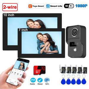 2선 7/10인치 비디오 인터콤 시스템 1080P 터치 모니터 WIFI 1080P 도어폰 카메라 비디오 초인종 카드 Tuya 앱 잠금 해제