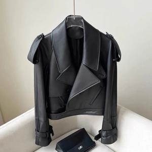 패션 하이 스트리트 여성 정품 양피 자켓 2024 가을 블랙 와인 레드 라글란 슬리브 짧은 진짜 가죽 자켓 코트