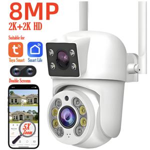 Tuya 8MP WIFI IP 카메라 PTZ 듀얼 렌즈 듀얼 스크린 수동 감지 풀 컬러 야간 투시경 야외 보안 감시 카메라