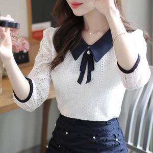 여성 봄 가을 스타일 레이스 블라우스 셔츠 여성 피터팬 칼라 솔리드 컬러 하프 슬리브 우아한 레이스 탑 SP8676