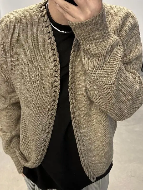 레트로 헤비웨이트 V넥 니트 오픈 가디건 캐주얼 다용도 럭셔리 디자인 감각적인 스웨터 (남녀공용)