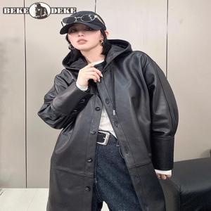 여성용 진짜 가죽 후드 롱 코트, 싱글 브레스트 루즈핏 캐주얼 겉옷, 레이디 용수철 하이 스트리트 리얼 양가죽 재킷