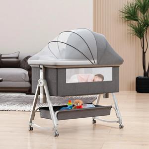 3 in 1 아기 침대(수납 바구니 & 모기장 포함), 5단 높이 조절 가능한 신생아용 침대 옆 침대(0-12개월)