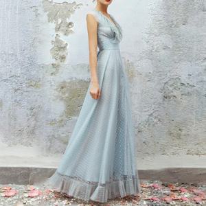 슈퍼 요정 기질 땡겨 네트 원사 롱 스커트 v 넥 슬림 프렌치 드레스 레트로 프릴 생일 드레스 여성 드레스 드레스