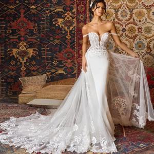 분리형 인어 2 In 1 웨딩 드레스 오프 숄더 아플리케 민소매 바닥 길이 신부 가운 등이없는 Robe De Mariee