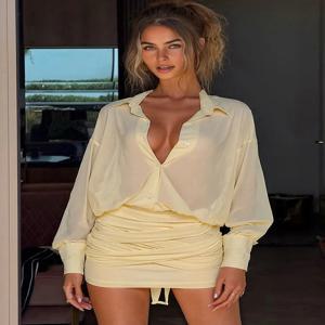 여성용 패치워크 싱글 브레스트 풀 슬리브 밴디지 태슬, 트렌디한 스트리트웨어, 미니 바디콘, 이상한 고양이 구김, 시스루 원피스