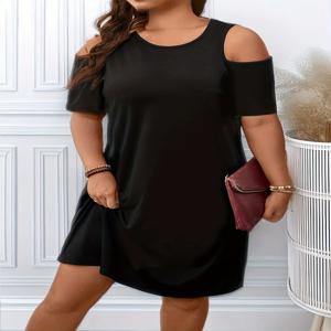 여성 캐주얼 루즈핏 무릎 길이 짧은 소매를 위한 플러스 사이즈 콜드 숄더 드레스