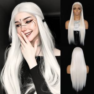 화이트 합성 레이스 프론트 가발 긴 직선 플래티넘 스노우 화이트 13X4 레이스 프론트 합성 가발 내열성 섬유 가발