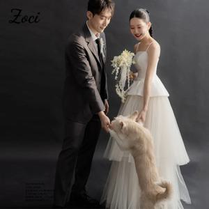 Zoci 맞춤형 한국 라인 웨딩 드레스 계층화 된 얇은 명주 그물 레이스 업 신부 공식 파티 웨딩 사진 긴 신부 가운 2025
