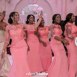 핑크 아플리케 신부 들러리 드레스 새틴 하프 슬리브 인어 바닥 길이 이브닝 드레스 아가 웨딩 게스트 드레스 맞춤형