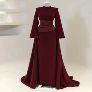 레드 하이 넥 이브닝 드레스 2025 긴 소매 새틴 플리츠 a 라인 스윕 기차 댄스 파티 드레스 웨딩 파티 드레스 맞춤형