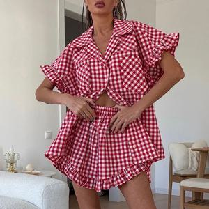 Linad Office 싱글 브레스트 셔츠 우아한 격자 무늬 하이 웨이스트 반바지 버튼 업 셔츠 2 피스 세트 스트리트 세련된 의상 여름