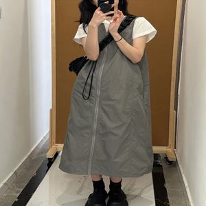 아메리칸 그레이 워크웨어 기능성 스타일 조끼 스커트 여성 플러스 사이즈 슬리밍 디자인 지퍼 스트랩 드레스 캐주얼 A라인 스커트