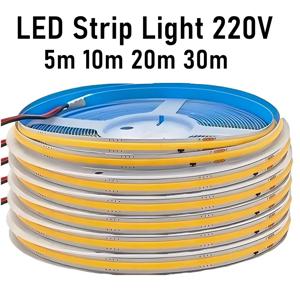 5m 10m 20m 30m COB LED 스트립 라이트 220V 플렉스 테이프 램프 (IC 칩 내장) 고휘도 240 LED 선형 조명 RA90 따뜻한 자연광