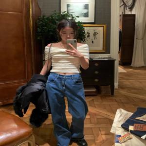 우아한 하이웨이스트 스트레이트 레그 진 롱 팬츠 가을 신상품 동대문 ThBarnet 에이트 밀크 코튼 엘라스틱 데님 원단