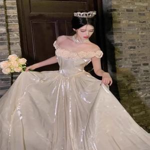 우아한 원숄더 이브닝 드레스 여성 졸업식 성인식 하이웨이스트 한국 스타일 웨딩 파티 기념 드레스