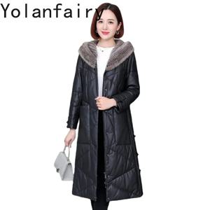 YOLANFAIRY 정품 가죽 자켓 여성 코트 양피 의류 여성 겨울 다운 재킷 밍크 모피 칼라 후드 슬림 롱 코트