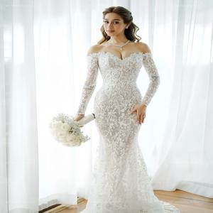 Customzied Sweet Collar 긴 소매 인어 레이스 우아한 웨딩 드레스 vestidos de novia amanda novias amanda novias 공식