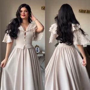 맞춤형 저지 셔링 버튼 A 라인 V 넥 미디 드레스 맞춤형 행사 우아한 홈 커밍 파티 가운 Simple فساتين الحفلات