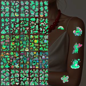 5pcs 어둠 속에서 빛나는 임시 문신 인어 유니콘 나비 자동차 바디 핸드 페이스 장식을위한 빛나는 문신 스티커