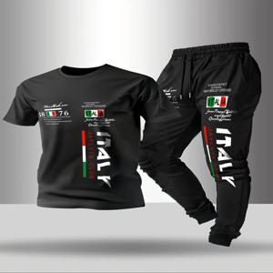 여름 패션 남성용 이탈리아 문자 인쇄 통기성과 편안한 라운드 넥 티셔츠와 바지 세트 야외 캐주얼웨어