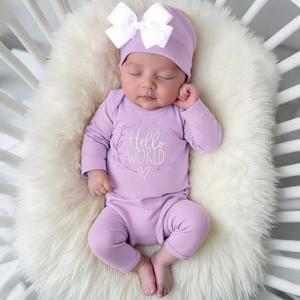 Ylsteed 신생아 Romper 점프 슈트 (활 모자 포함) 'Hello World' 자수 유아 사진 소품 홈 의상 아기 선물