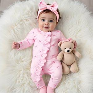 Ylsteed 2피스 세트 핑크 리본 신생아 사진 촬영 점프수트와 핑크 리본 헤드밴드 100일 아기 소녀 사진 촬영 의상
