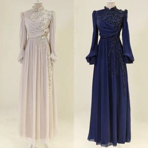 맞춤형 고품질 패션 쉬폰 구슬 장식 스트레이트 하이 칼라 롱 드레스 맞춤형 행사 드레스 절묘한