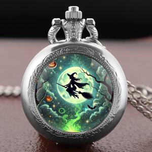 실버 레트로 할로윈 마녀 & 달빛 밤 남성용 크로노그래프 회중시계, 매직 - 요소 여성용 펜던트 목걸이 시계