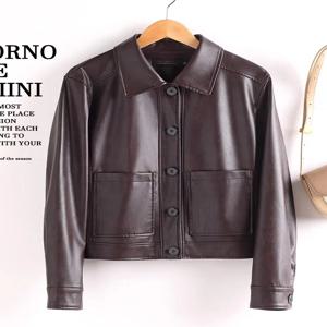 여성용 슬리밍 양가죽 바이커 스타일 캐주얼 아우터웨어 폴로 칼라 천연 가죽 자켓 가을 2025 영국 스타일