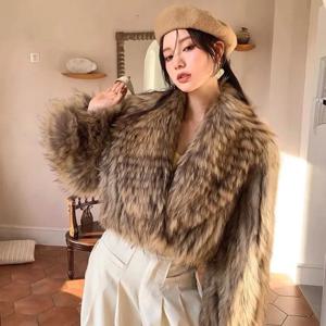 리얼 래커스킨 퍼 코트 여성 가을 겨울 패션 숏 오버코트 리얼 퍼 칼라 니트 아우터웨어 천연 라쿤퍼 재킷 플러피