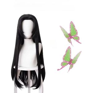 애니메이션 Kochou Kanae 가발 Kimetsu no Yaiba 코스프레 합성 검정색 긴 내열성 합성 머리 가발 할로윈 파티