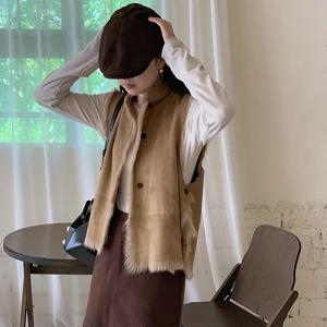 여성 가죽 조끼 모피 칼라 민소매 100% 진짜 토끼털 조끼 2025 바이커 모토 재킷 겨울 따뜻한 외투