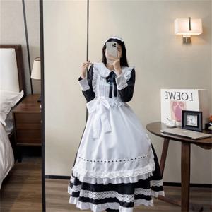 전통적인 긴팔 메이드 유니폼 드레스 귀여운 가운 코스프레 일본식 유니폼 폴리에스테르 소재 여성 의상