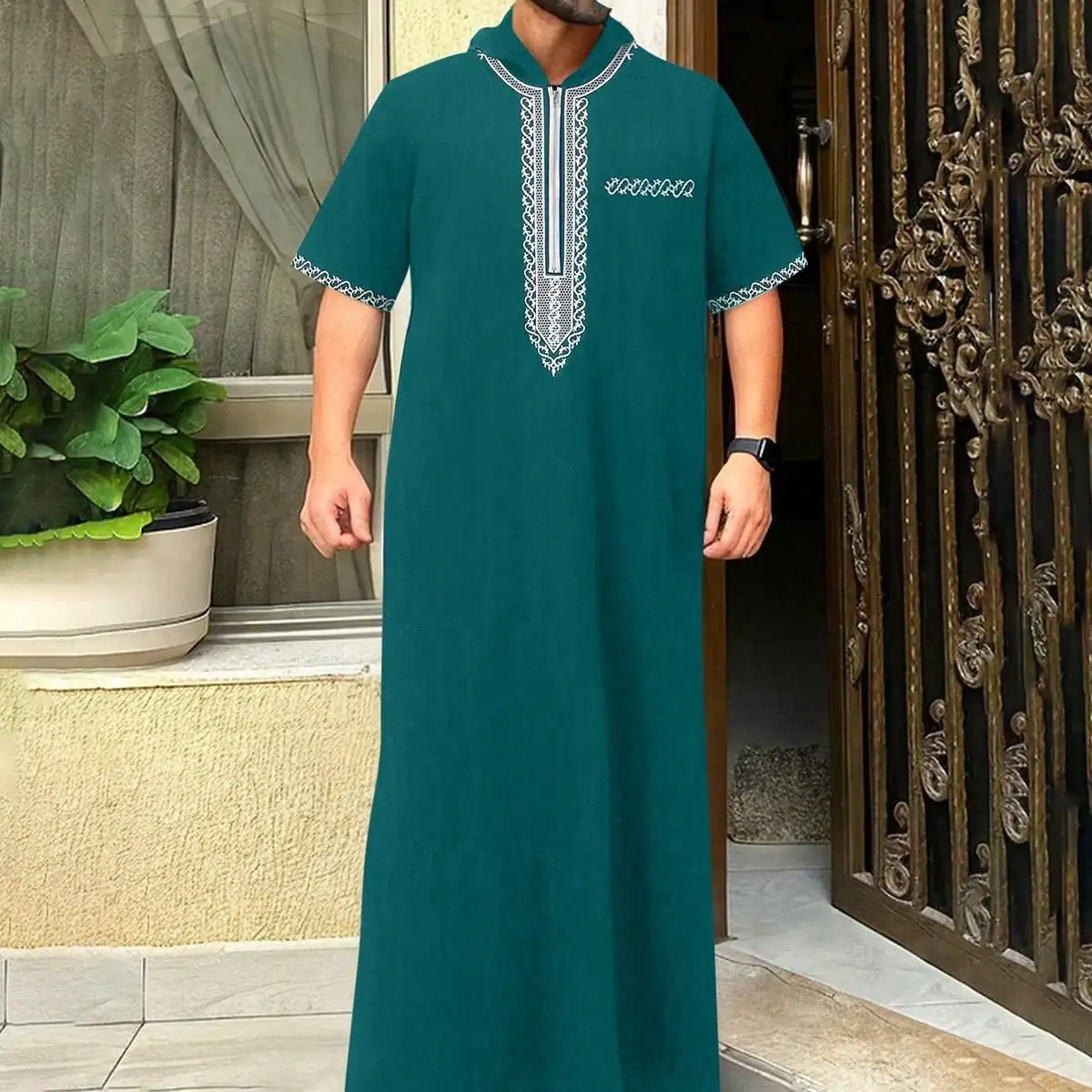 반팔 후드 자수 무슬림 포켓 토브, 캐주얼 아랍 스타일, 전통 간두라 기도 축제 의류 (남성용)