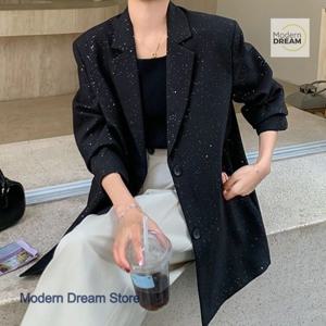 프랑스 패션 스타일 블랙 스팽글 수트 재킷 여성용 봄 가을 신상 플러스 사이즈 루즈핏 디자인 레트로 분위기 수트